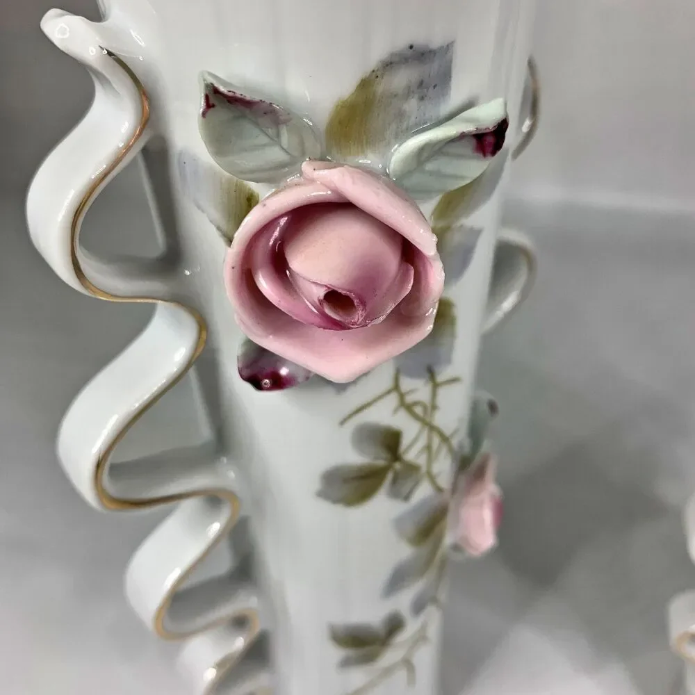 Vintage 1950s Cottagecore Porcelain Vases Shabby Decor Feminine Roses Set of 2